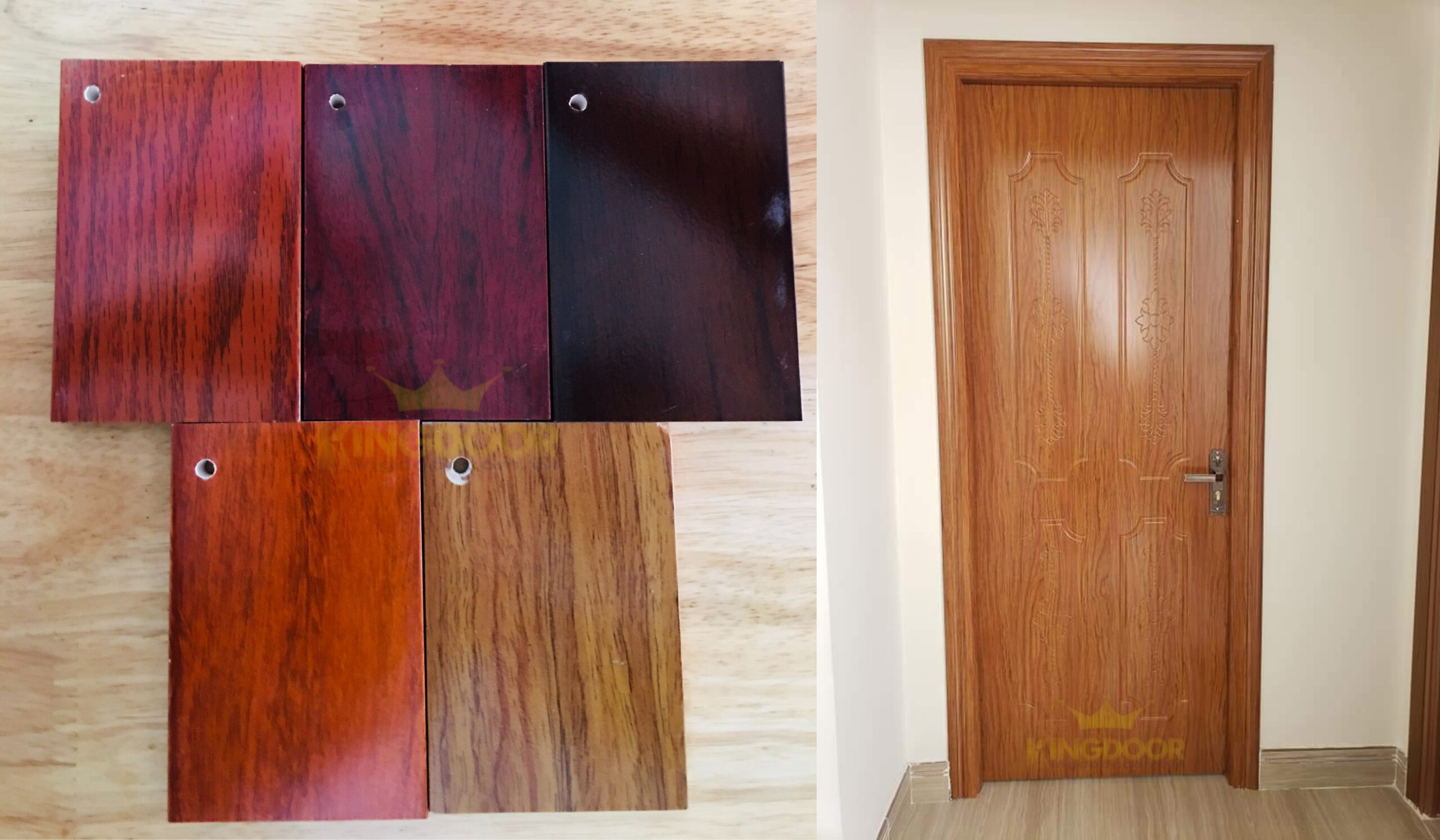 Bảng màu cửa nhựa gỗ Composite phủ sơn vân gỗ.